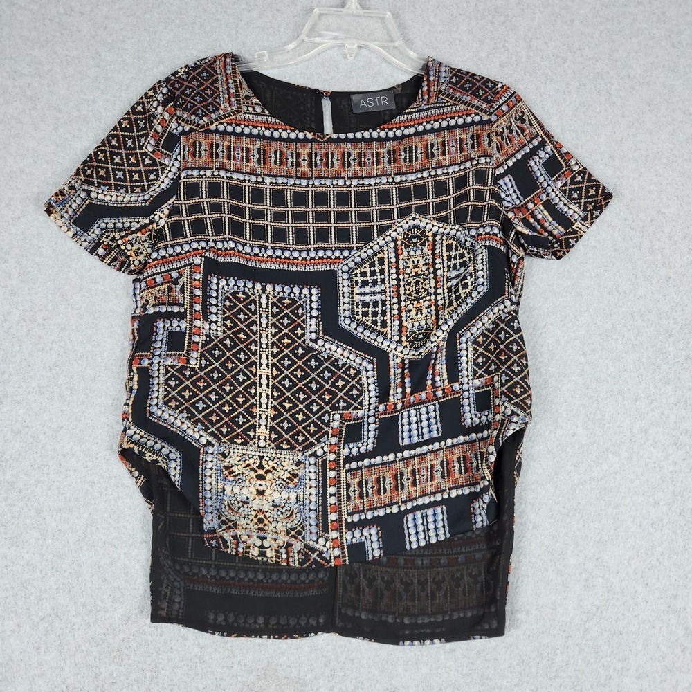 ASTR Blouse Top Womens S Black Multi Geometric Mosaic Short Sleeve High Low Hem